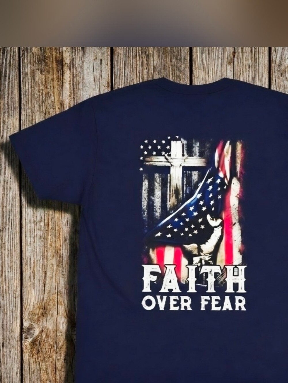 Faith Over Fear Christian Patriotic Tee • American Flag Cross Shirt • - Picture 8 of 15